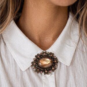 Vintage Style Amber Glass Statement Brooch Gold Filigree Rhinestone Pin